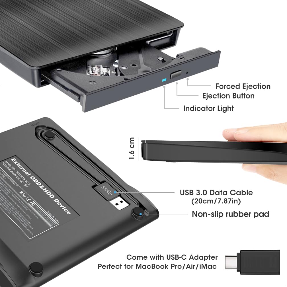 Roofull External Cd Dvd +/ Rw Drive For Laptop Pc, Usb 3.0 Portable Cd/Dvd Rom Optical Disc Player Reader Writer Burner With Car